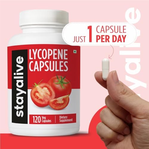 STAY ALIVE Lycopene premium antioxidant health supplement seals and quality certification details.