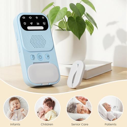 Caregiver holding the wireless receiver showing the long distance signal range.