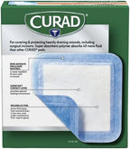 Curad clinical advances sterile dressings pack showing product dimensions and polymer core details.