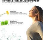Side view of Granions D-Hist seasonal histamine blocker supplement detailing the complete nutritional facts.