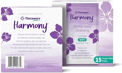 Theraworx Harmony 15 count individually wrapped wipes for travel convenience.