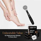 Close up of Facón brand stamp on stainless steel callus remover