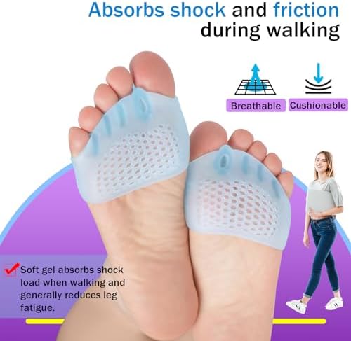 Pnrskter gel cushions being worn on a foot to demonstrate metatarsal support and toe spacing.
