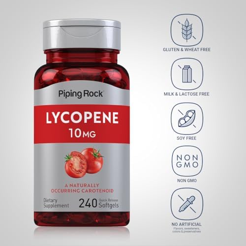 Imported Piping Rock Lycopene 10mg supplement highlighting Non-GMO and gluten free claims