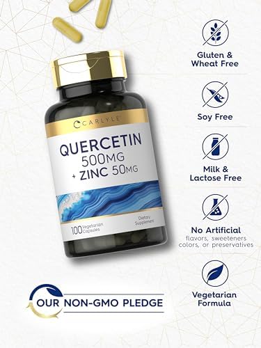 Close up of Carlyle Quercetin with Zinc bottle showing USA manufacturing quality seals