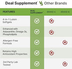 Close up view of Deal Supplement extra strength ocular health capsules imported from the USA.