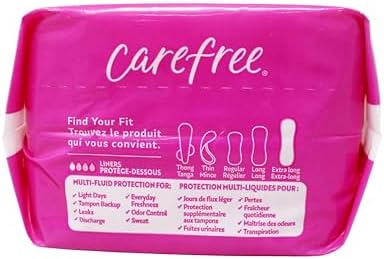 Carefree multi fluid protection liners showing individual wrappers and 36 count packaging.