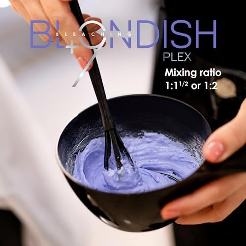 Hellawell Professionals Blondish Plex Plus 9 argan oil infused hair lightener product packaging back view with directions.