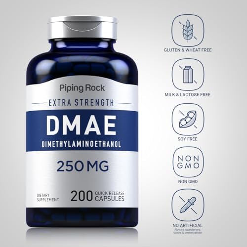 Piping Rock DMAE 250 milligrams capsule count and non-GMO gluten free seals