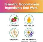 Back label of vH Essentials feminine wash with full ingredient list and usage