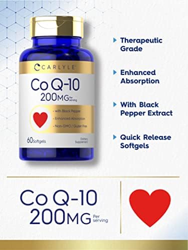 Quick release liquid softgels of Carlyle Coenzyme Q10 showing easy to swallow capsule form