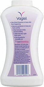 Back label of Vagisil Deodorant Powder showing ingredients and usage instructions.