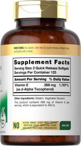 Carlyle Vitamin E 400 IU 250 count bottle showcasing authentic dietary supplement attributes
