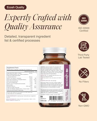 Back layout of Ecosh Golden Skin vegetarian capsules packaging explaining the natural melanin support benefits.