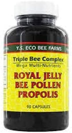 Two pack bundle of Ys Eco Bee Farms Triple Bee Complex royal jelly capsules showing supplement facts and ingredient list