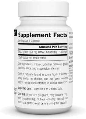 Side view of Source Naturals Dimethylaminoethanol Bitartrate bottle displaying dietary facts and ingredients