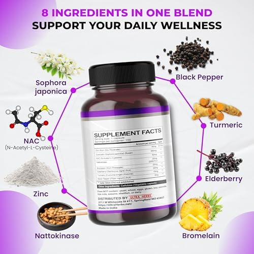 Authentic USA imported Ultra Herbs Quercetin respiratory wellness supplement bottle displayed on a clean surface.