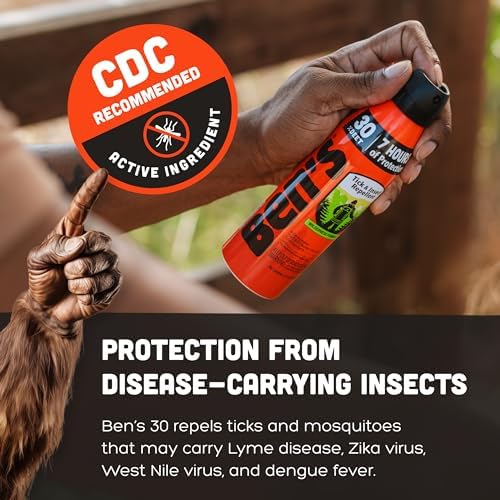 Side view of Ben's mosquito and tick spray container emphasizing the compact travel friendly shape for outdoor protection.