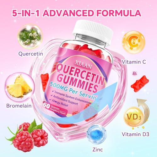 Chewable strawberry flavored antioxidant gummies for kids and adults displayed outside the bottle.