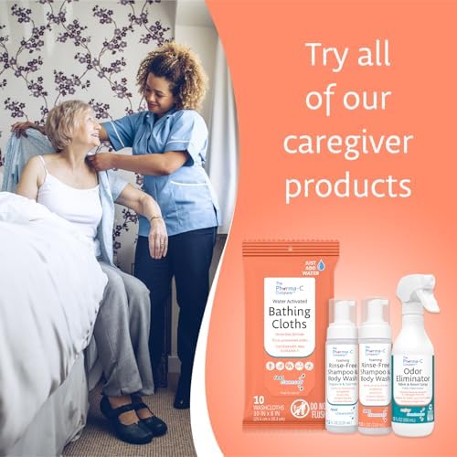 The Pharma-C Company rinse free washcloth package highlighting aloe and vitamin E ingredients.