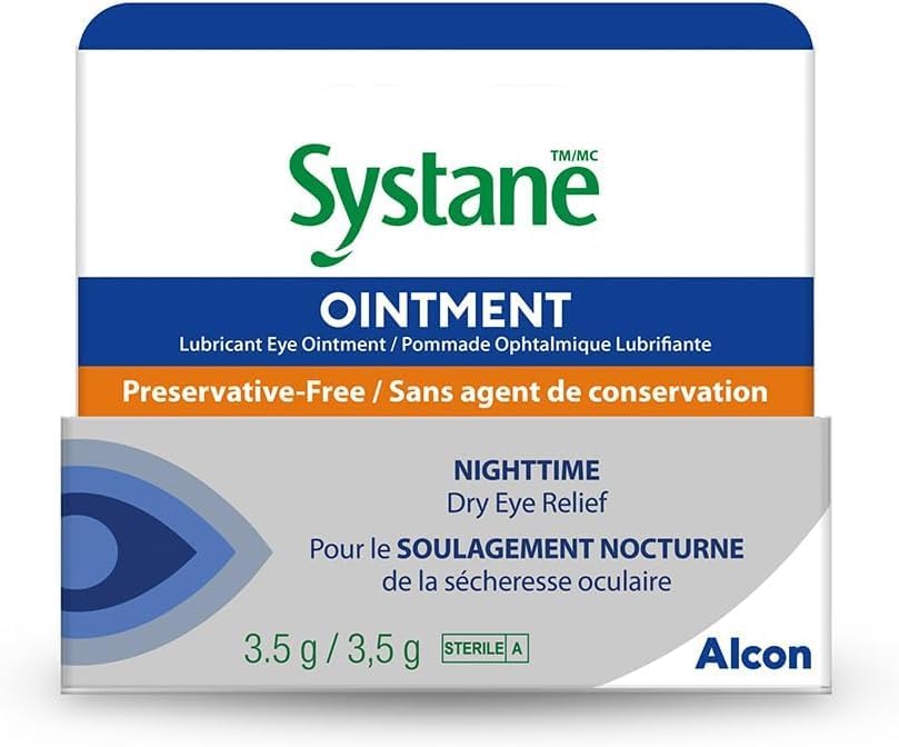 Systane Nighttime preservative free eye ointment tube for overnight ocular hydration.