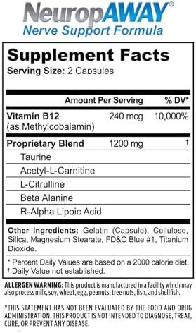 NeuropAWAY 120 count nerve support capsule container close up view.