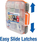 Close up of 24/7 First Aid easy-slide latches and durable orange handle.