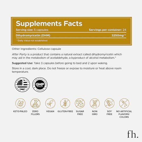Fuller Health After Party supplement glass bottle layout highlighting the non-gmo and zero fillers certifications