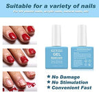 Before and after comparison of a stubborn salon manicure being cleanly broken down and wiped away by the gel solution