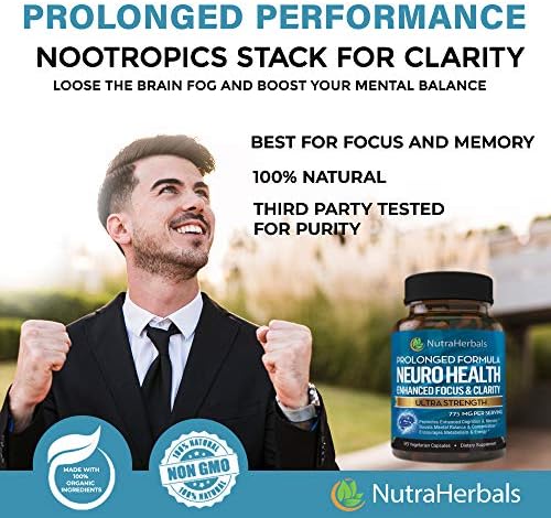 Close up of the vegetarian capsules next to the NutraHerbals cognitive support supplement bottle.