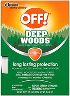 Individually wrapped OFF! Deep Woods bug wipes showing twenty-five percent DEET formula details.