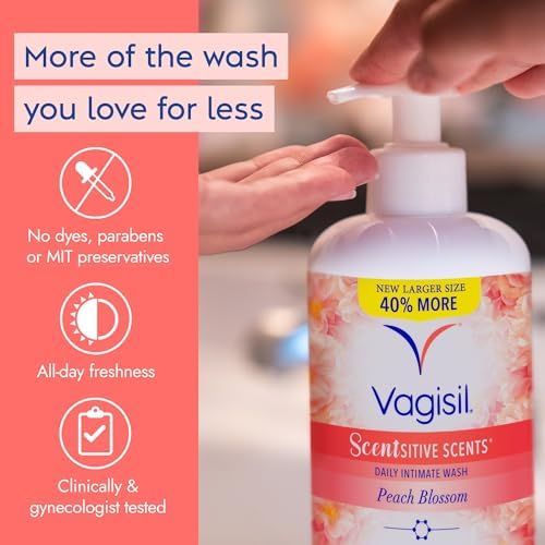 Back label of Vagisil Peach Blossom showing ingredients and pH balanced details