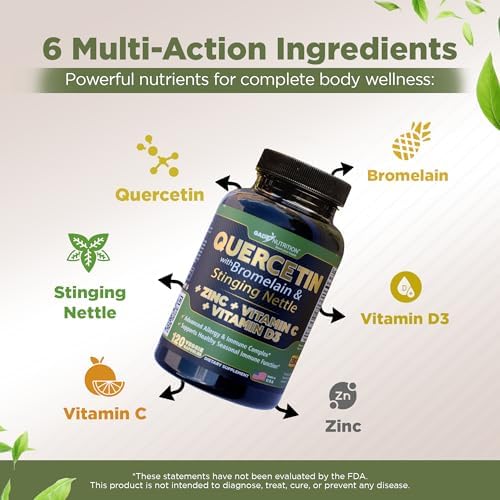 Vegetarian capsules of Gade Nutrition allergy relief complex next to the product bottle