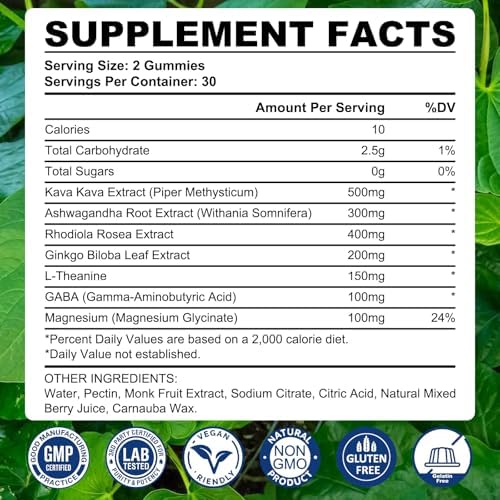 Glagmrry Kava Kava and Ashwagandha mixed berry relaxation gummies 2 pack label details.