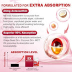 High absorption astaxanthin softgels infused with coconut MCT oil for bioavailability.