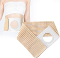 Heagimed ostomy hernia support belt front view showing beige elastic fabric and reinforced stoma opening.