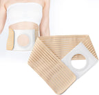 Heagimed ostomy hernia support belt front view showing beige elastic fabric and reinforced stoma opening.