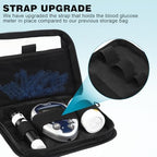 GENCAM diabetic organizer kit showing upgraded elastic straps holding a glucometer securely