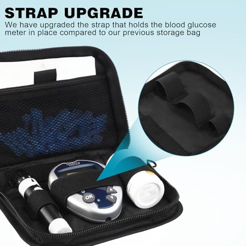 GENCAM diabetic organizer kit showing upgraded elastic straps holding a glucometer securely