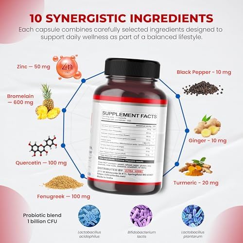 Premium dietary supplement packaging highlighting the combination of quercetin, zinc, and probiotics.