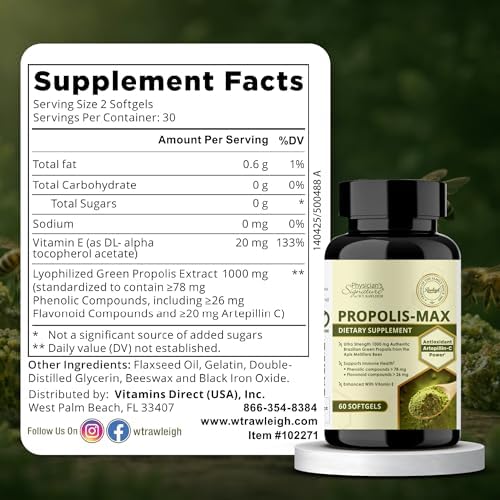 Rawleigh Propolis Max vegetarian softgels container highlighting the Artepillin C and Vitamin E formula.