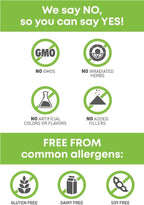Side angle of the 90 count bottle showing the allergy-free manufacturing standards from Redmond Oregon