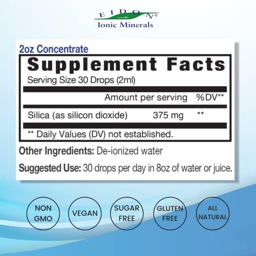 Eidon Liquid Silica 2 Fluid Ounces supplement bottle showing nutritional information and ionic ingredients