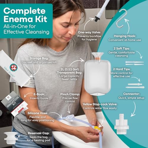 Medi Grade 2 liter enema bag with one-way valve and yellow flow clamp.