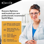 Biodegradable saline eye wipes for removing dirt and debris from eyelashes.