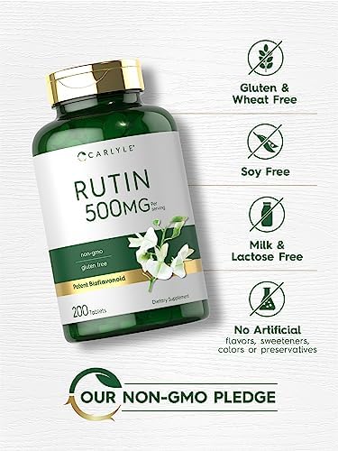 Close up view of Carlyle Rutin 500mg vegetarian tablets outside the bottle