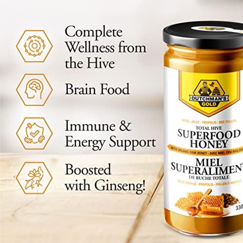 Close-up of the authentic imported packaging of Dutchman's Gold Total Hive honey showing gluten-free claims.