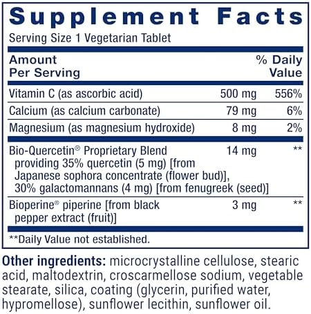 Life Extension Ultra Absorption Bio-Quercetin supplement nutritional facts panel.