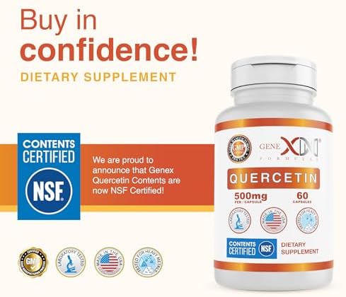 Supplement facts panel showing 500mg pure quercetin per capsule