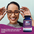 Focus Vision Supplements Relief Plus packaging highlighting doctor developed formula